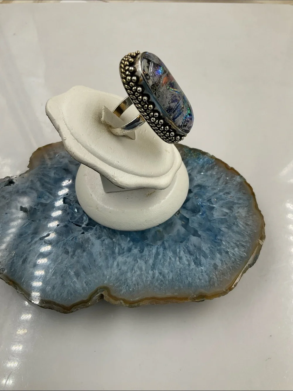 Vintage Sterling Silver Dichromic Art Glass Statement Ring Size 8 Blue-Green